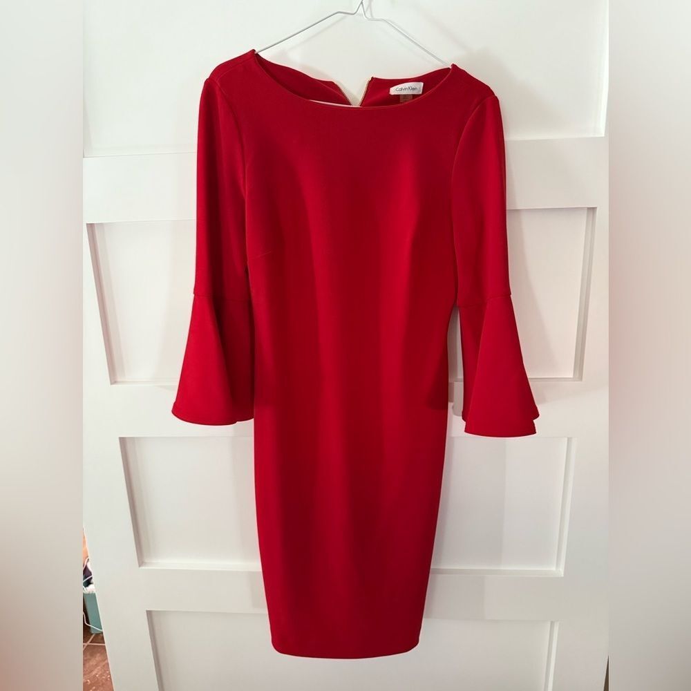 Calvin Klein sheath dress with red bell ruffle sleeves size 6 - Picture 9 of 12